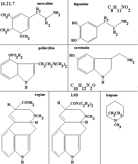 See diagram 16.21.7chd: Mescaline, dopamine, psilocybin, serotonin, ergine, LSD, tropane